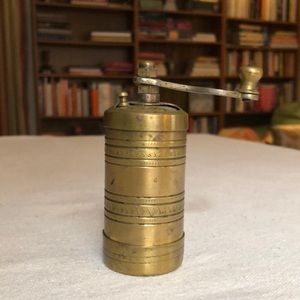 Vintage brass Turkish manual spice grinder hand made stamped design crank mill